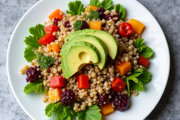 Un plato colorido y bien presentado de ensalada de quinoa con verduras frescas y aguacate, destacando la alimentación saludable.
