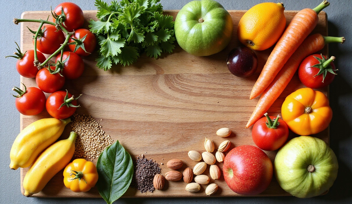 Una variedad de alimentos frescos y saludables dispuestos artísticamente sobre una tabla de madera, incluyendo frutas, verduras, nueces y semillas. La iluminación es suave y natural, creando una atmósfera acogedora y apetitosa.