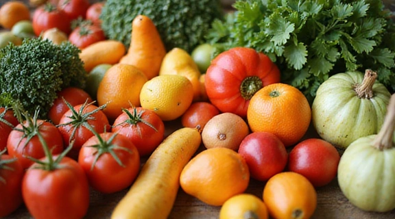 Variedad de frutas frescas y verduras en un mercado.