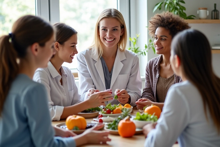 Imagen de un grupo de personas consultando a un nutricionista de forma amigable.